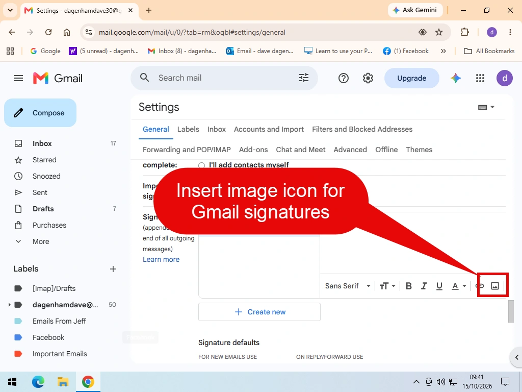 The Insert image icon in Gmail’s signature editor.