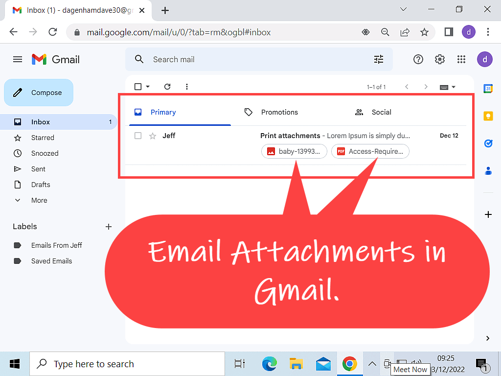 In Gmail, an email is highlighted with two attachments indicated by a callout.