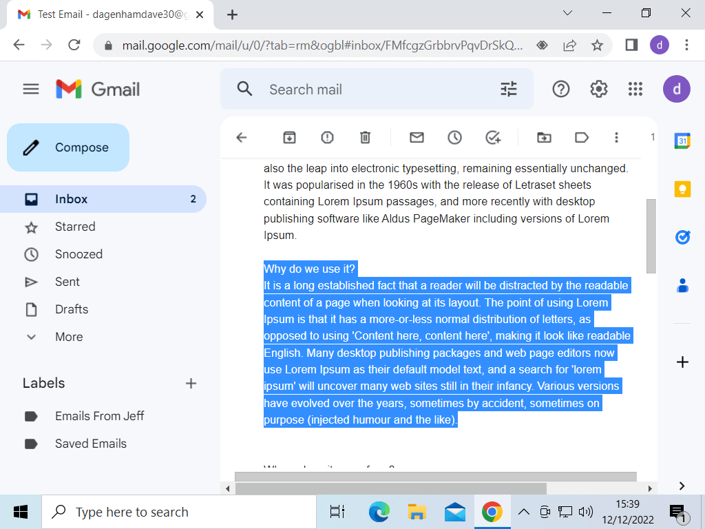 An email message open in Gmail. One paragraph of text has been selected (highlighted)