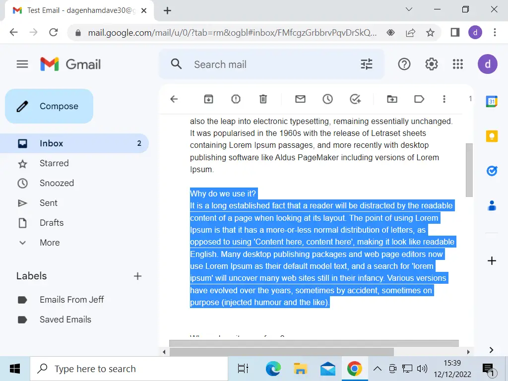 An email message open in Gmail. One paragraph of text has been selected (highlighted)