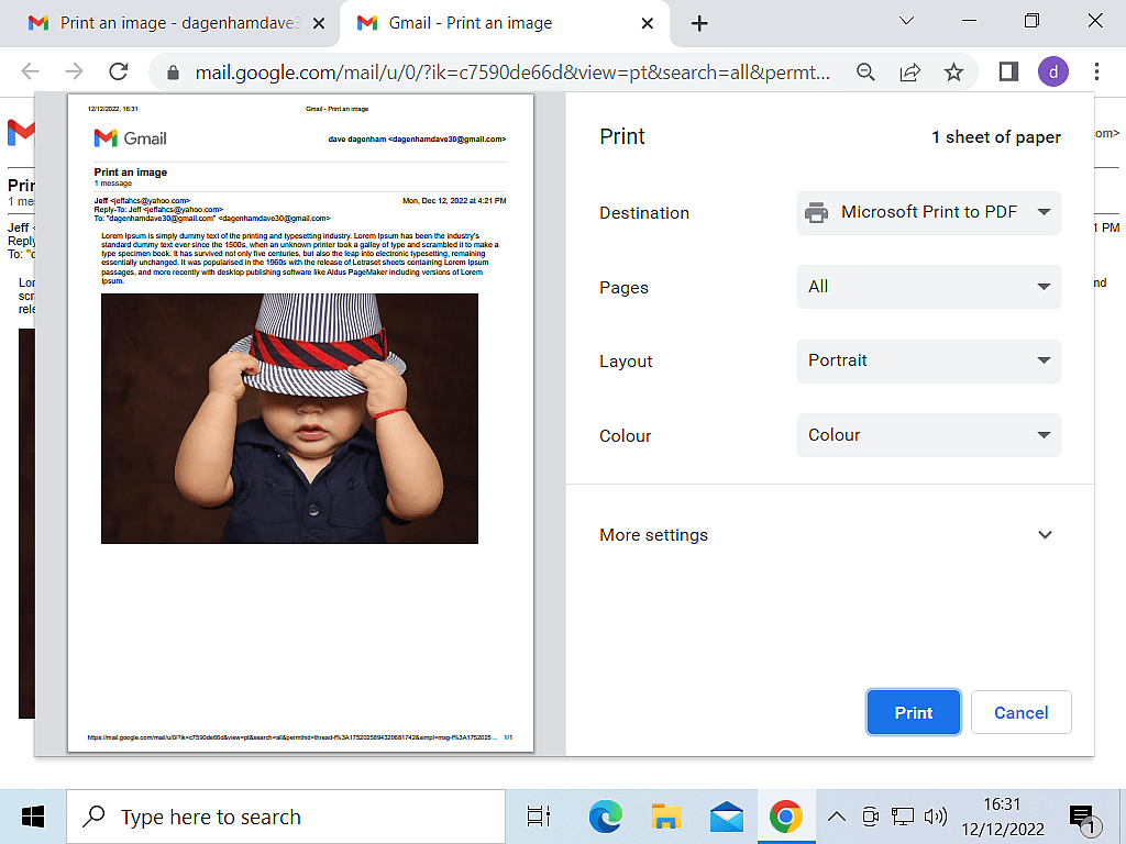 In Gmail, the print options window is open. An email with the image of a baby is displayed.
