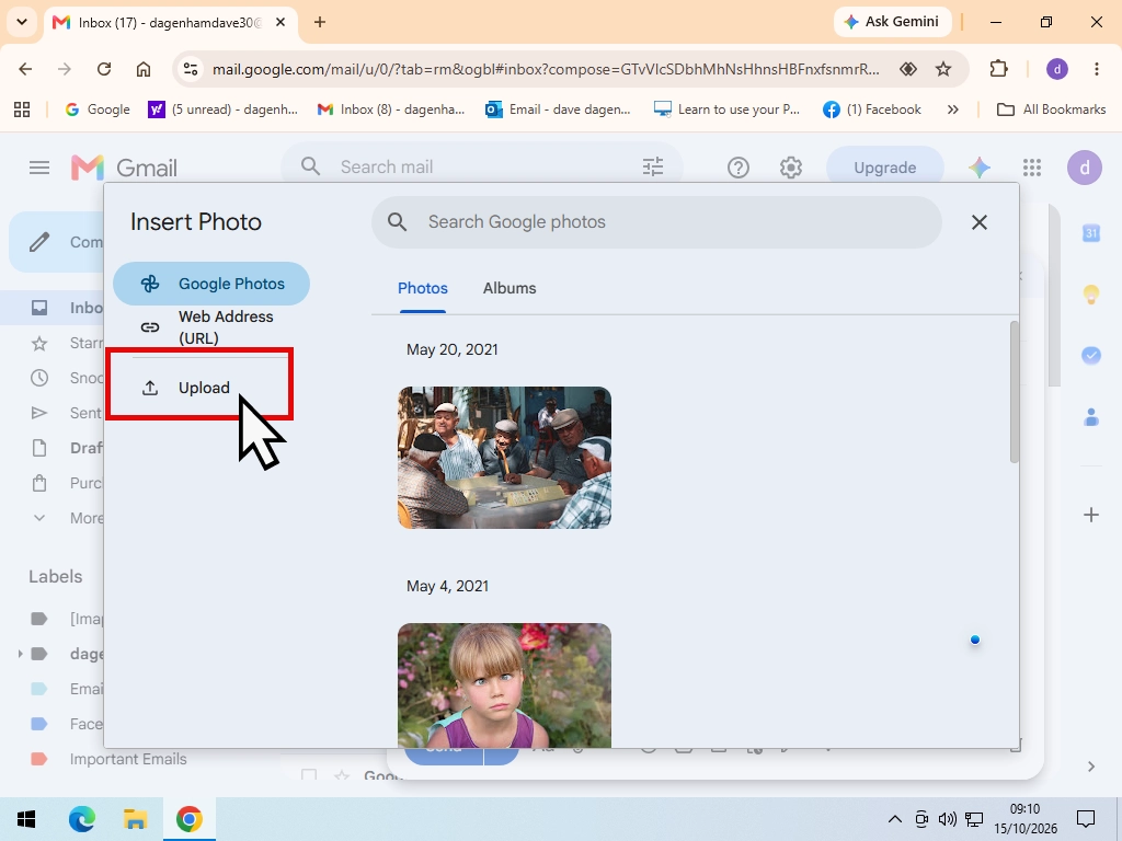 The Upload tab in Gmail's Insert photo window.