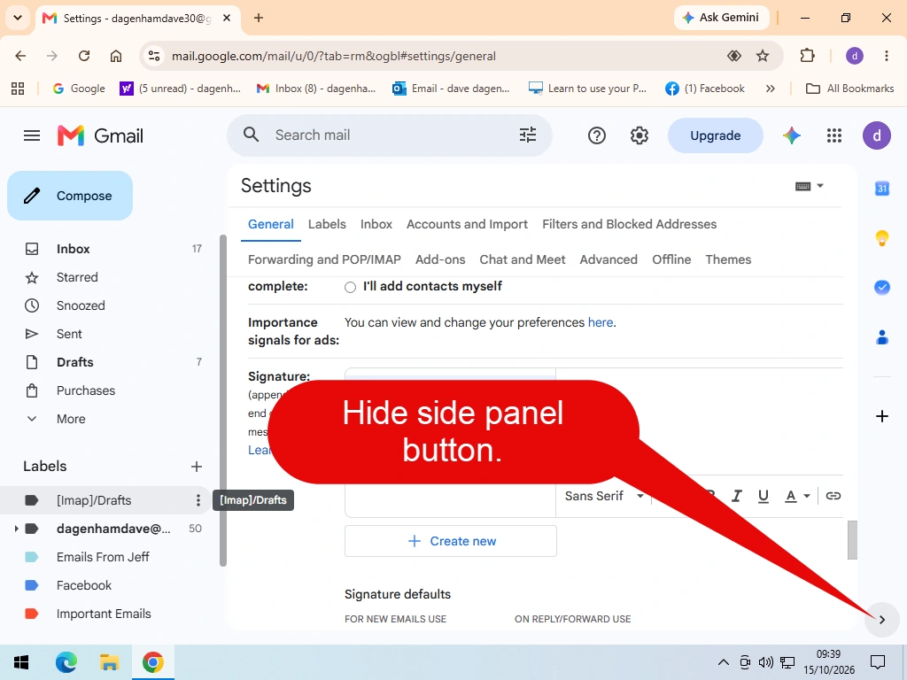 Side panel obscures the Insert image icon for Gmail signatures. The Hide side panel button is highlighted.