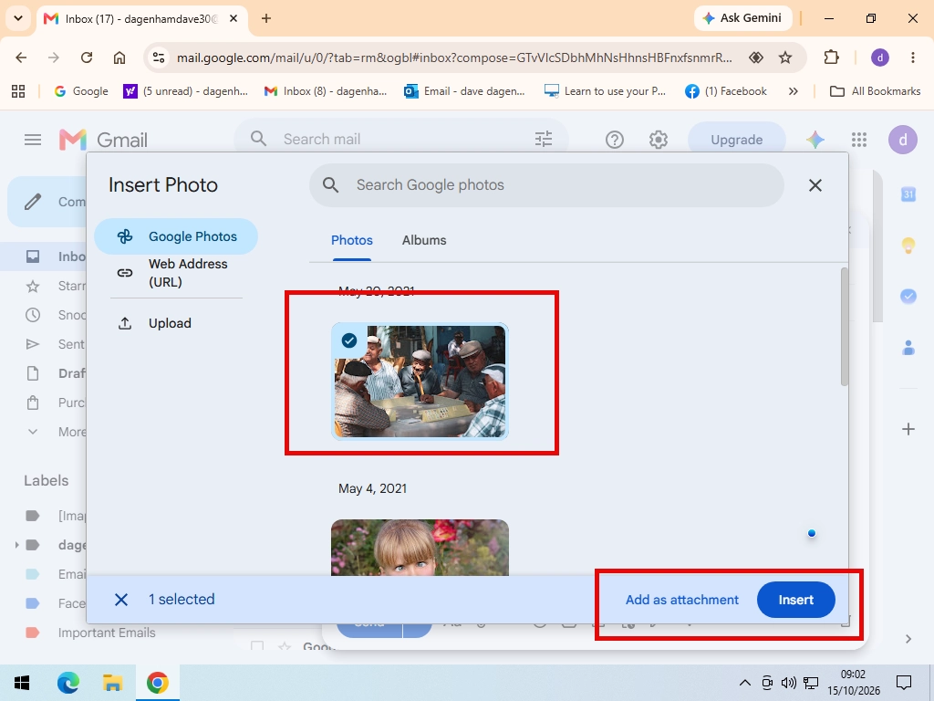 Choosing a picture from Google Photos in Gmail's Insert photo window. Add as attachment and Insert buttons are highlighted.