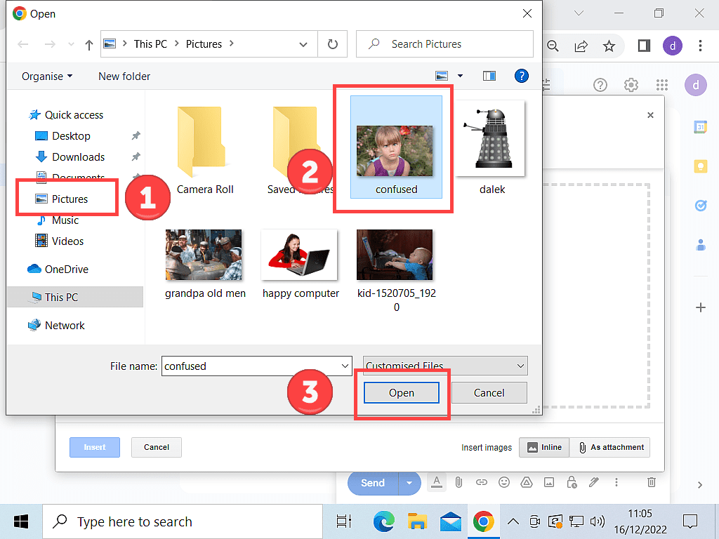 File Explorer is open and the steps to navigate and select an image are numbered, 1. Navigation pane 2. Image selected 3. Open button.