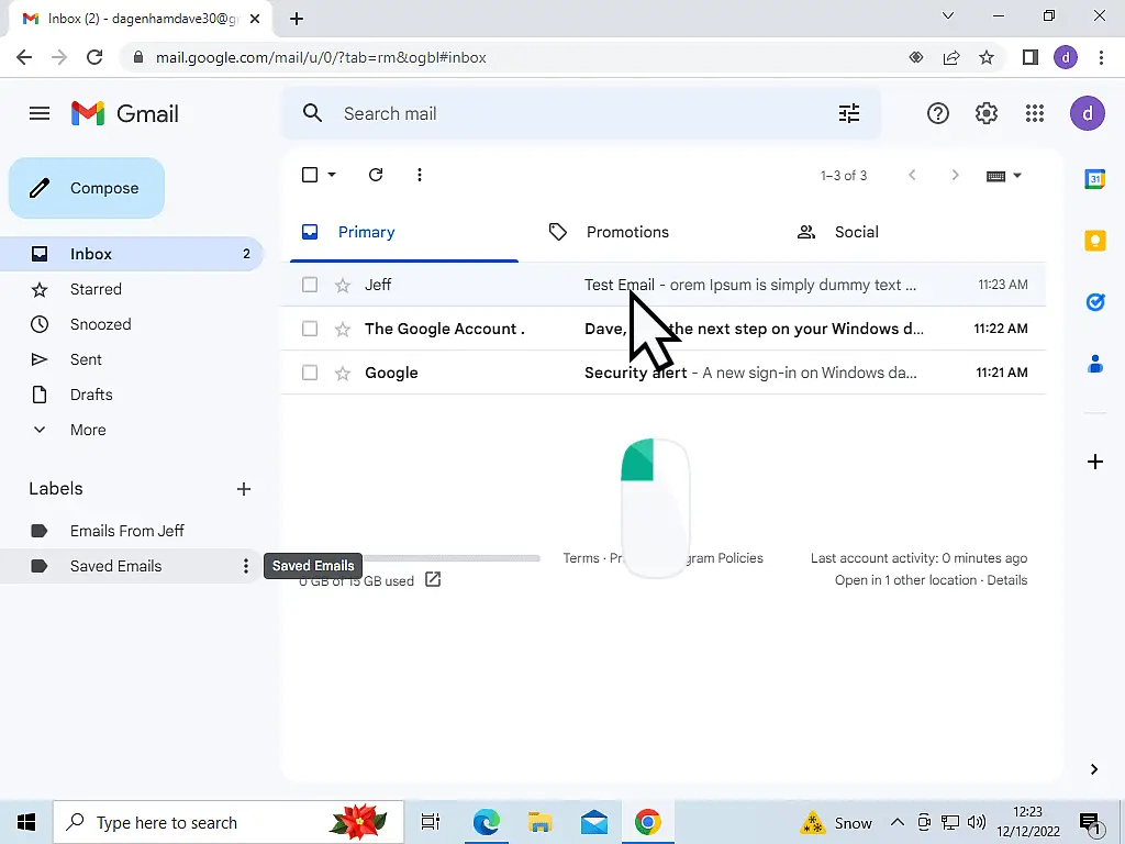 Gmail is open and an email message is indicated. A computer mouse with the left hand button depressed is also shown.