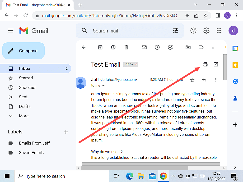 The Gmail print icon is highlighted.
