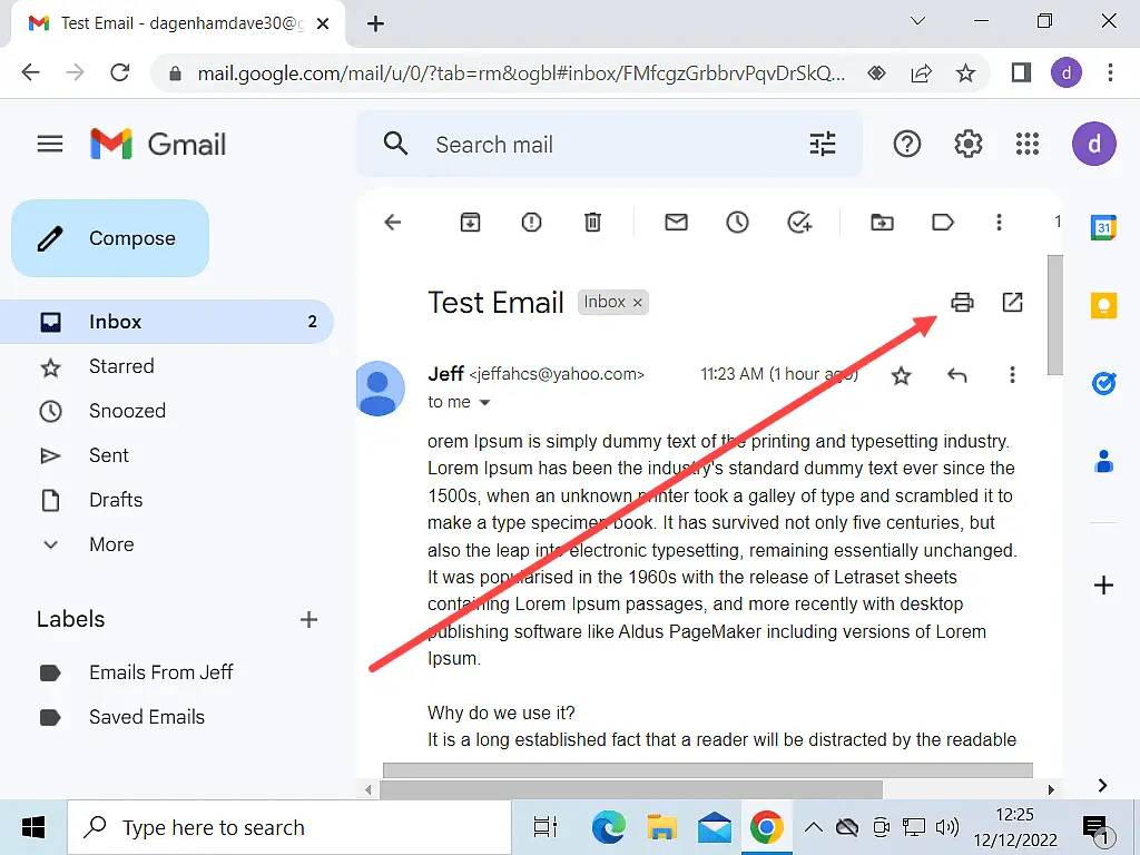 The Gmail print icon is highlighted.