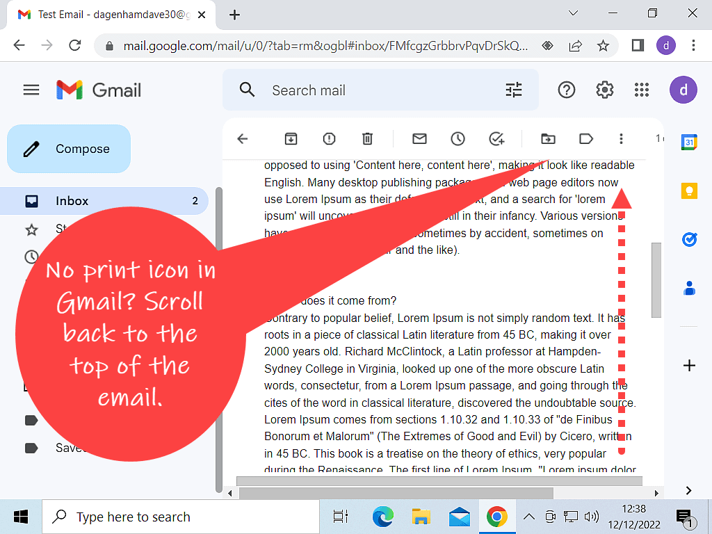 In Gmail, a message has been scrolled down and the print icon has disappeared. Callout reads 