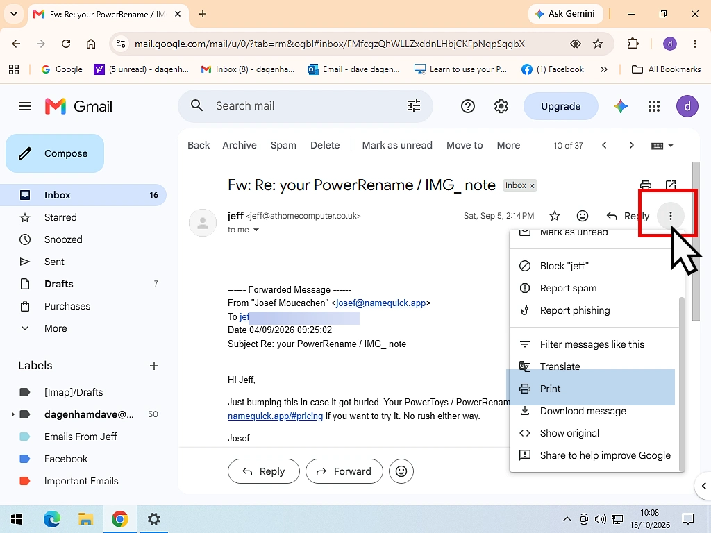 The Print option in the three dots menu of one message in a Gmail conversation.