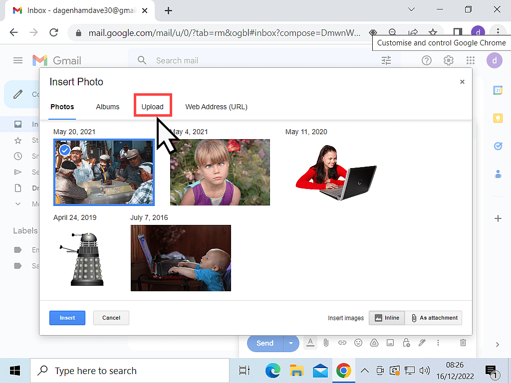 Upload tab is indicated in Google Photos.