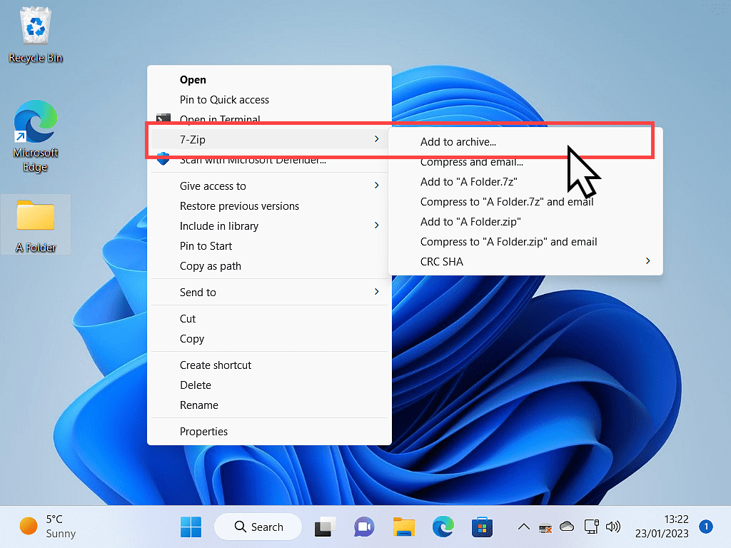 Windows 11 context menu open. 7-Zip and 