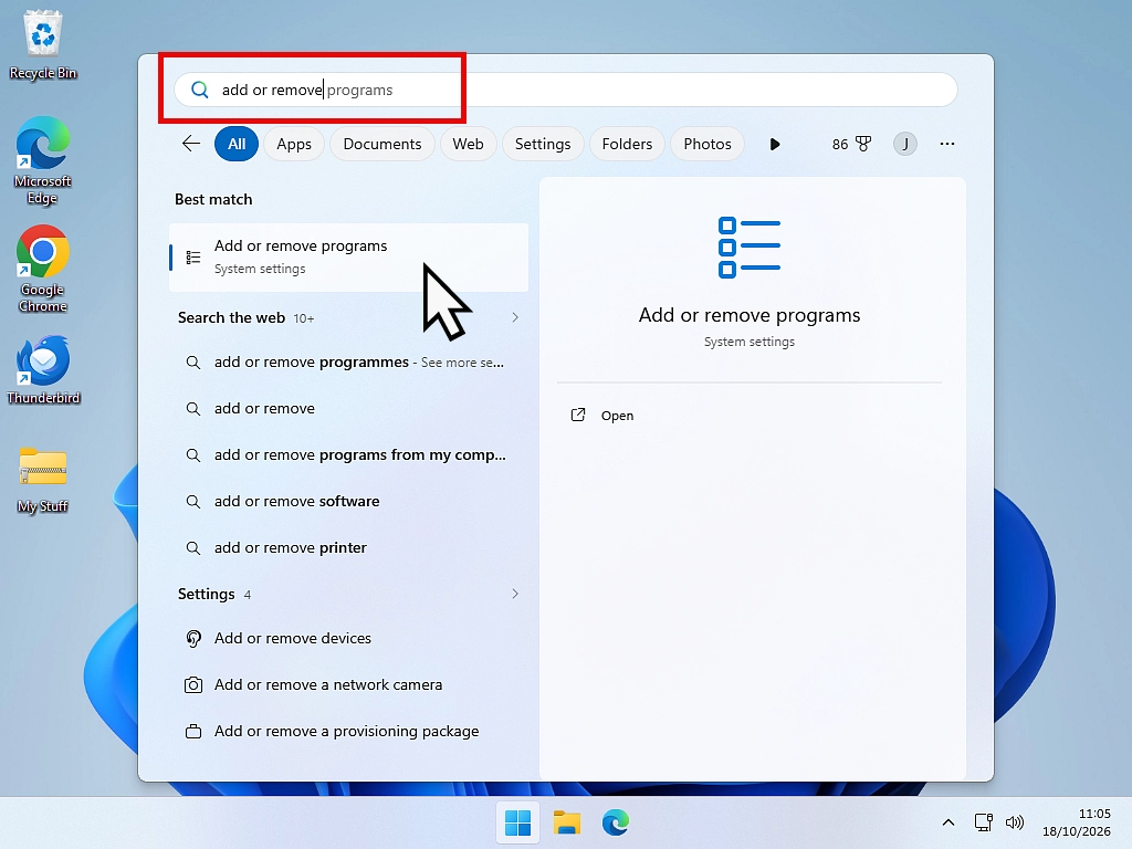 Add or remove programs shown at the top of the Windows 11 Start menu search results