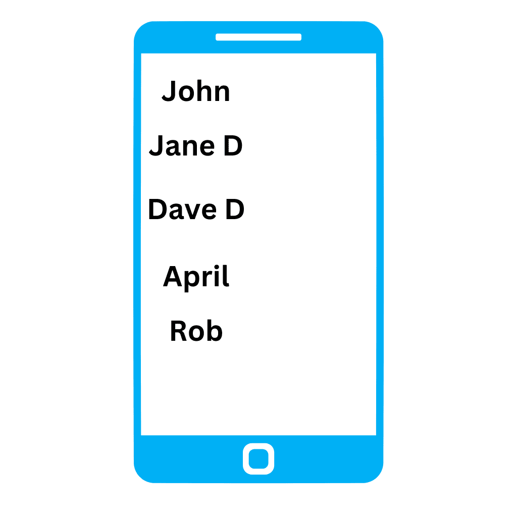 Phone screen displaying contact names.