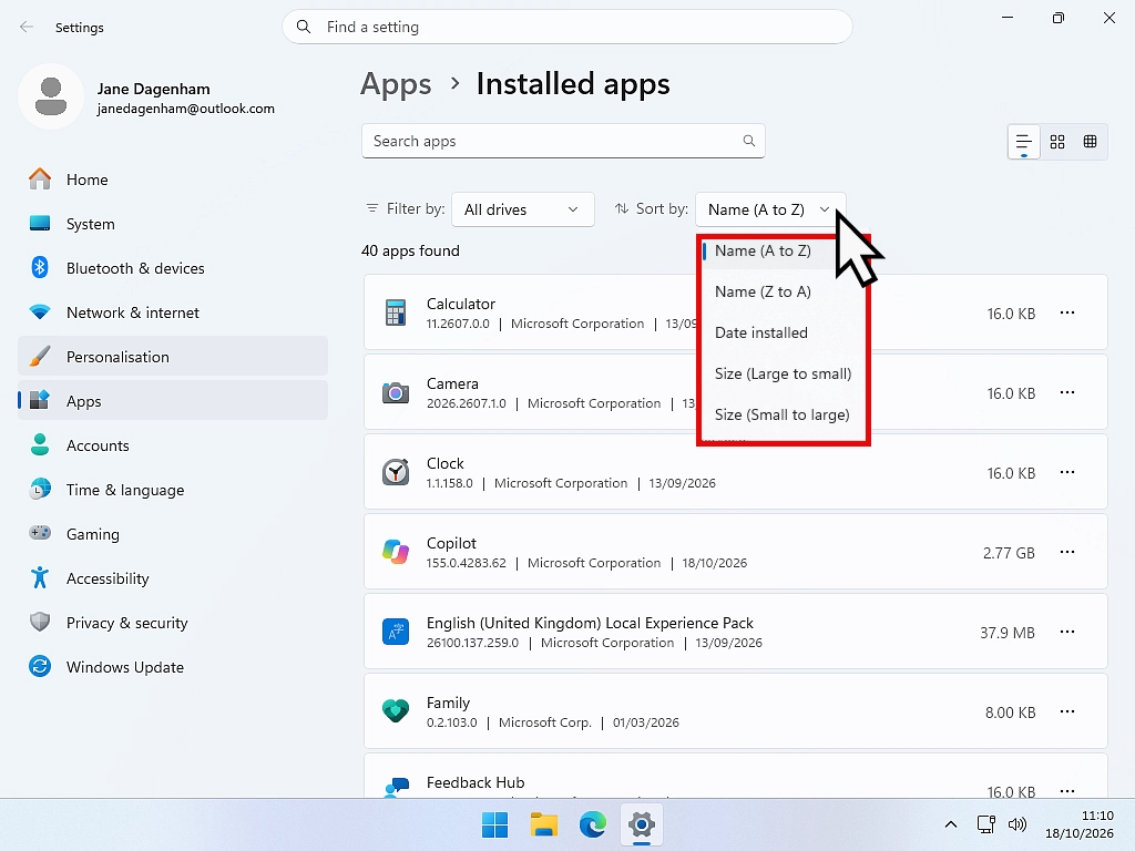 The Windows 11 Installed apps list sorted by install date, with the Sort by menu open