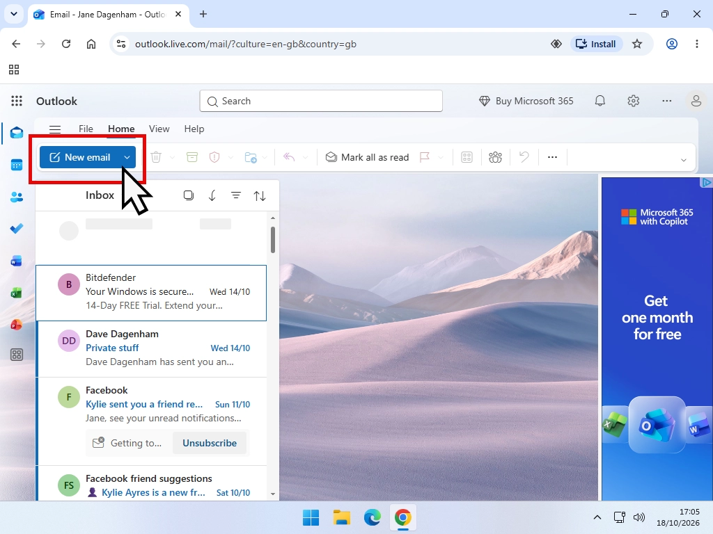 The button for starting a new email highlighted at the top left of Outlook.com