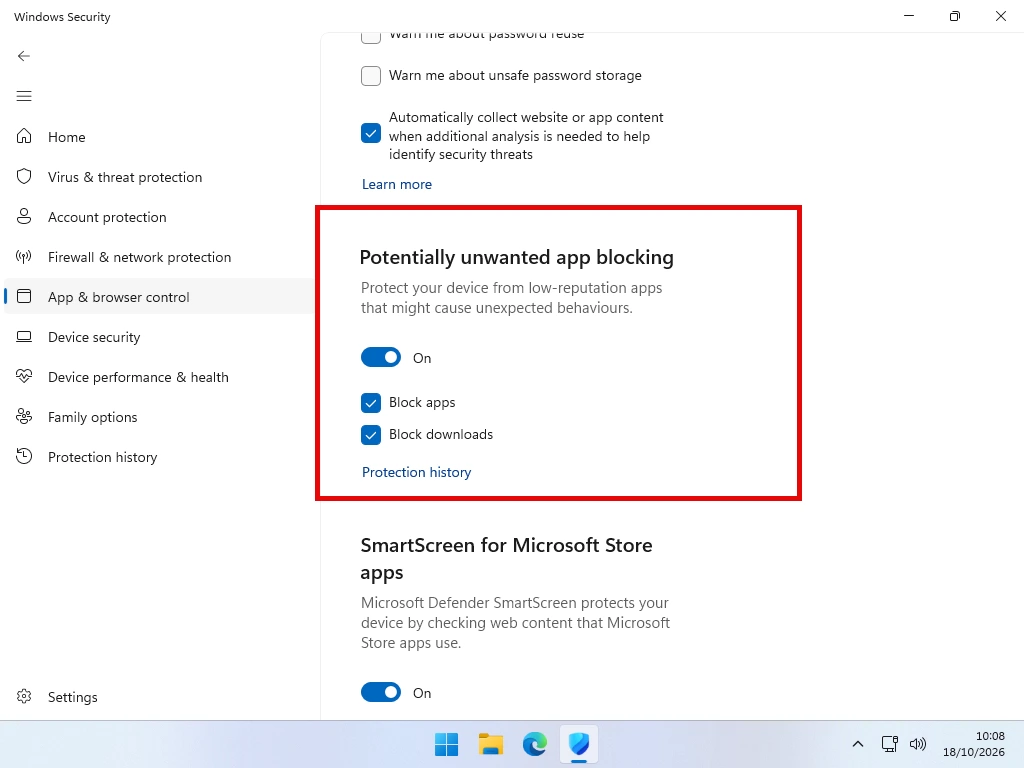 Potentially unwanted app blocking switched on in Windows Security, with Block apps and Block downloads ticked
