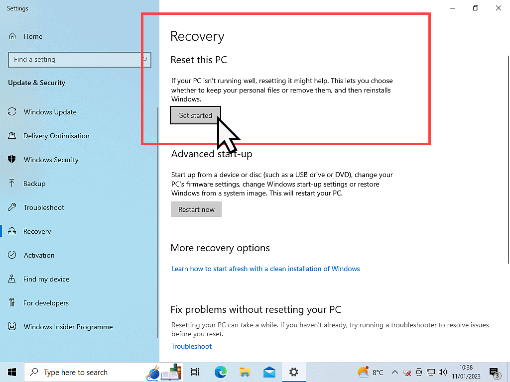 Get Started button highlighted in Windows 10.