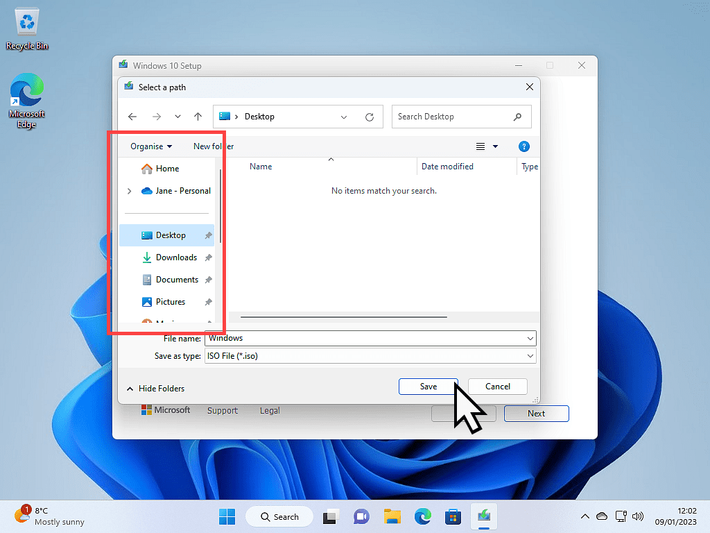 Desktop folder is selected and the Save button indicated.
