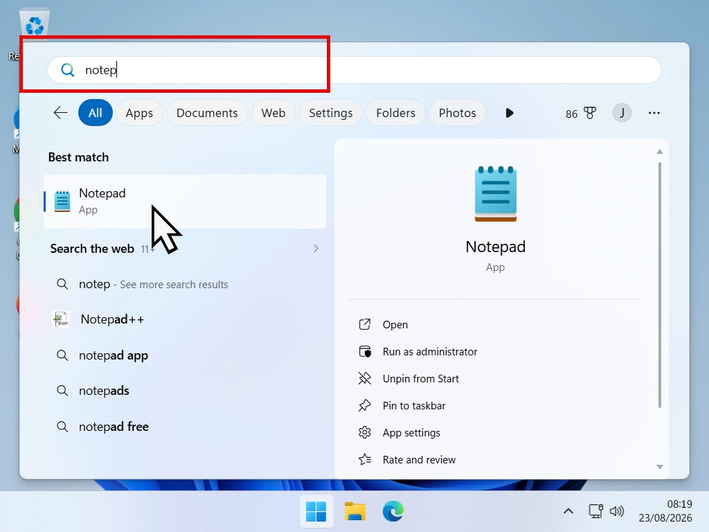 Searching for an app using the search box in Windows 11 Start menu.