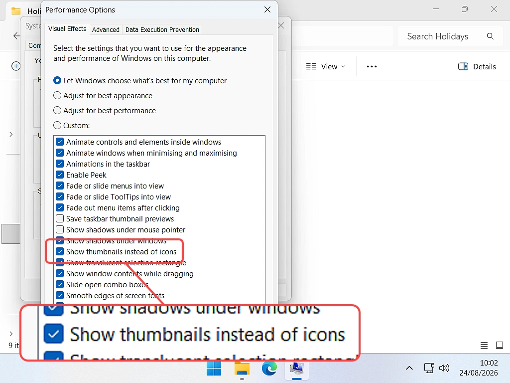 The Show thumbnails instead of icons setting in the Windows Performance Options visual effects list.