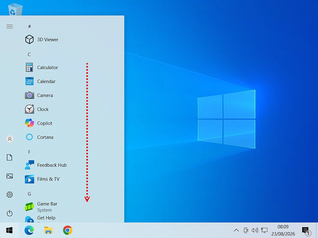 The Windows 10 Start menu is open and the programs list is indicated.