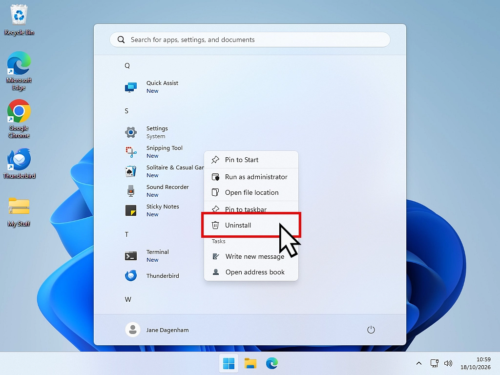 A program right-clicked in the Windows 11 Start menu with Uninstall highlighted