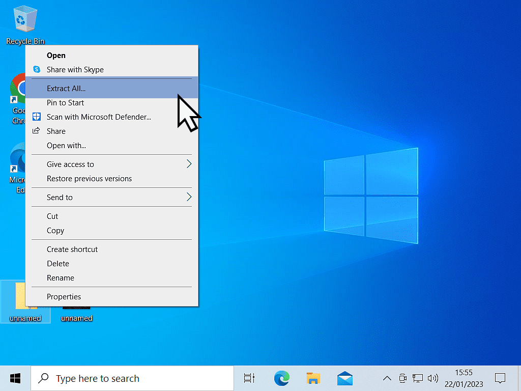 Windows 10 context menu open and the 