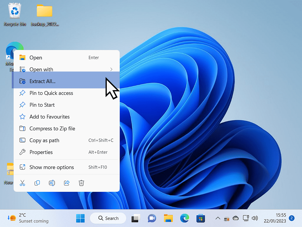 Windows 11 context menu open and the 
