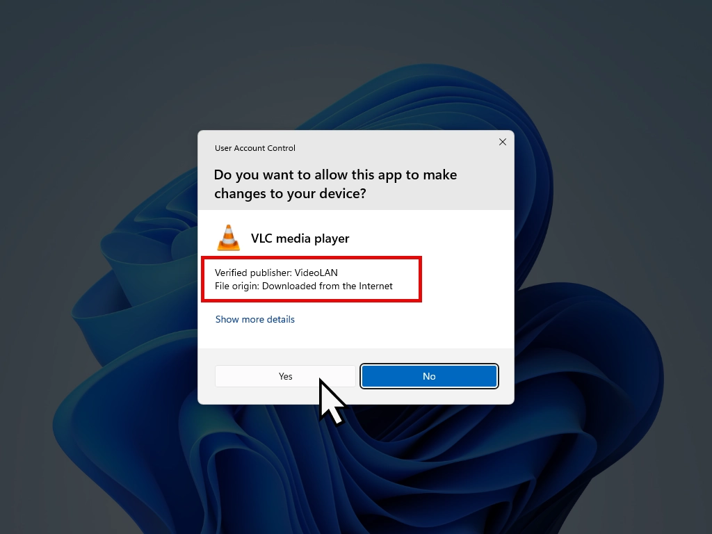 The User Account Control box asking Do you want to allow this app to make changes to your device, with the Yes button
