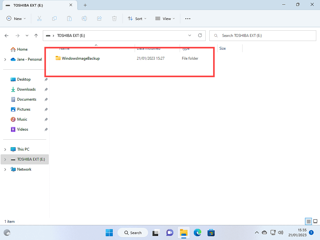 WindowsImageBackup folder on external hard drive.