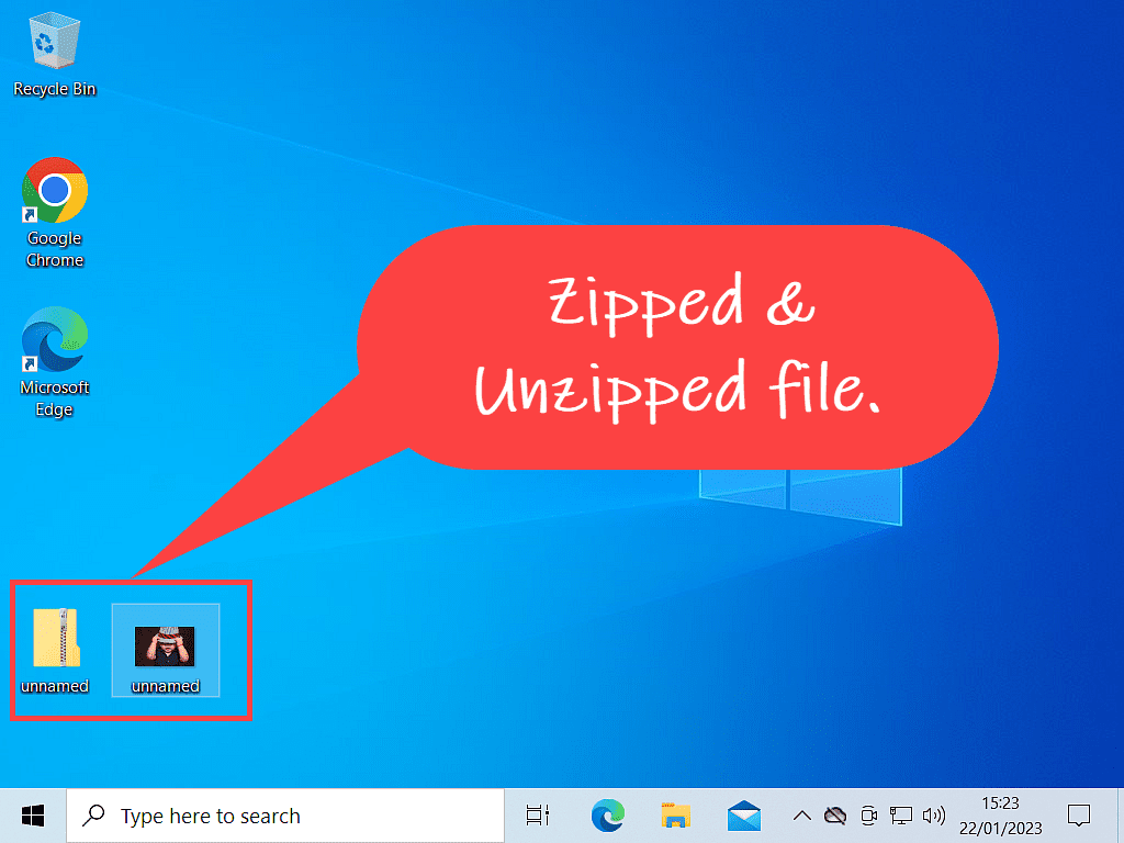 A callout indicates the zipped and unzipped file in Windows 10.