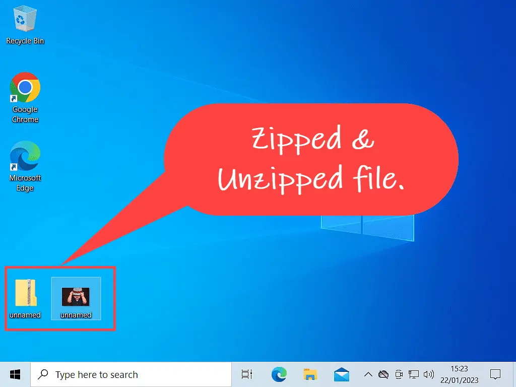 A callout indicates the zipped and unzipped file in Windows 10.