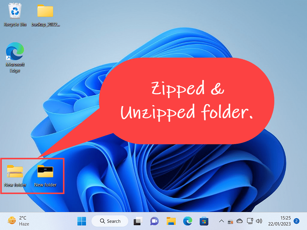 A callout indicates the zipped and unzipped folder in Windows 11.