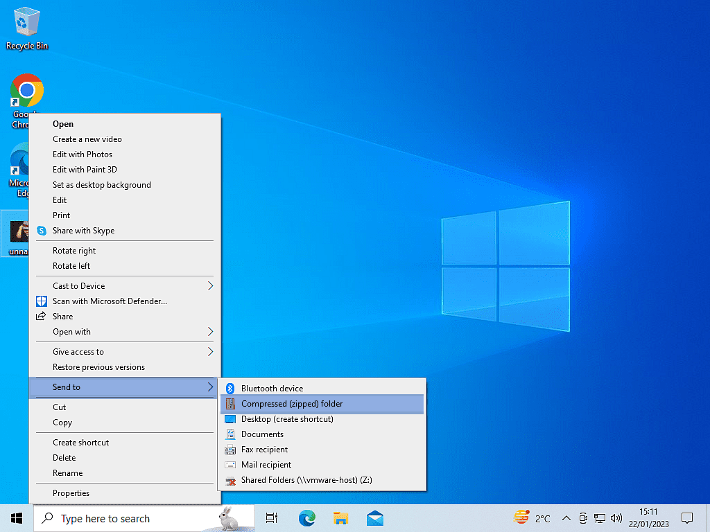 Windows 10 options menu open. Send To and Compressed (zipped) folder options are highlighted.