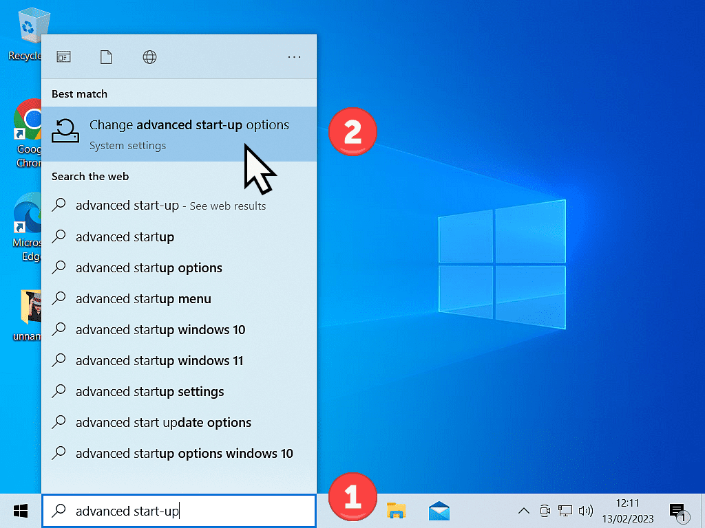 Advanced startup has been typed into Windows 10 search box and is indicated at top of search results.