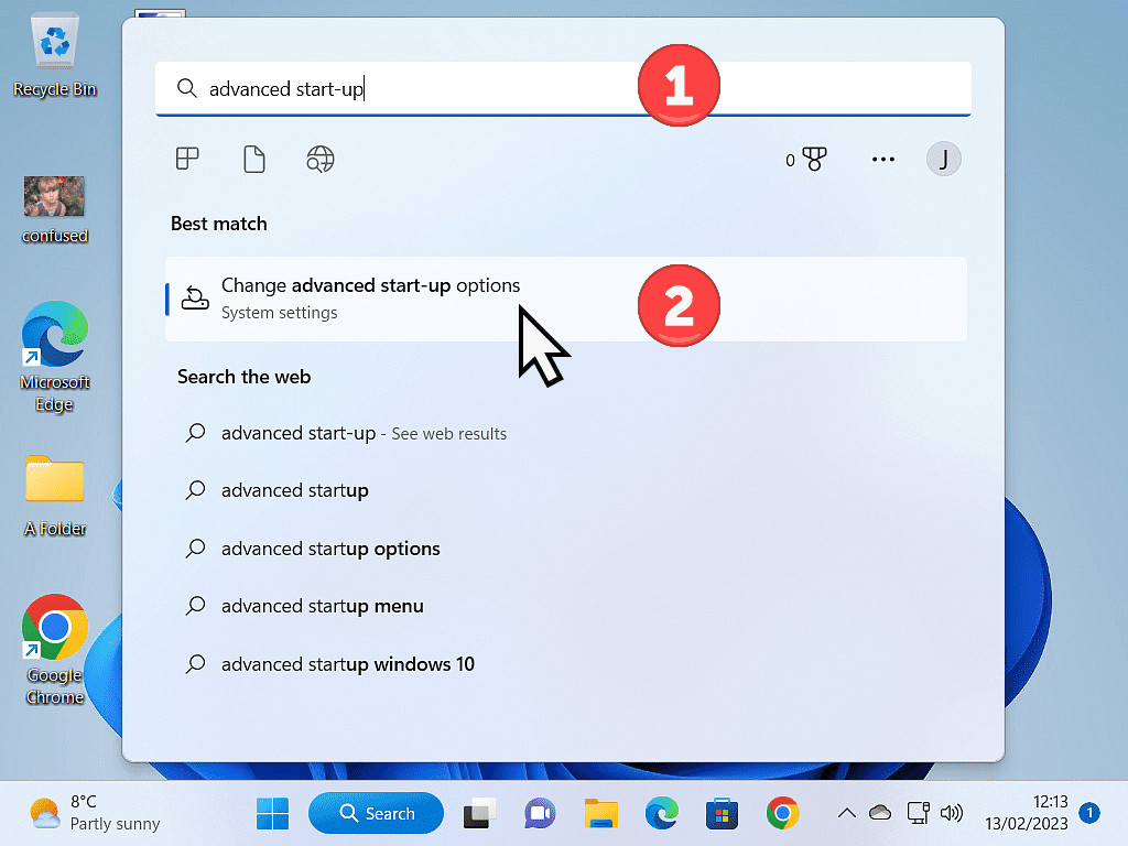 Advanced startup has been typed into Windows 11 search box and is indicated at top of search results.