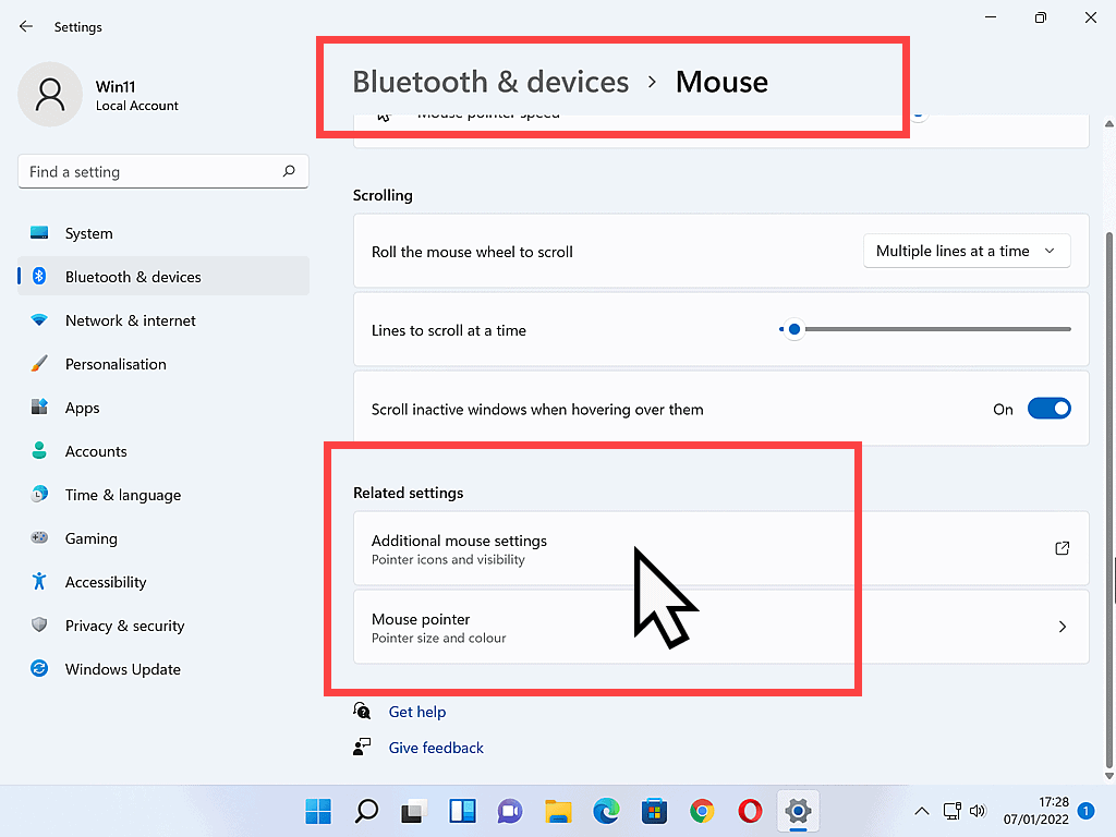 Additional mouse settings marked in Windows 11.