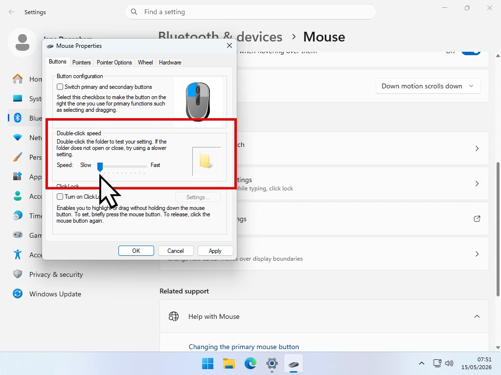 Adjust mouse double click speed The Double-Click Speed slider is highlighted.