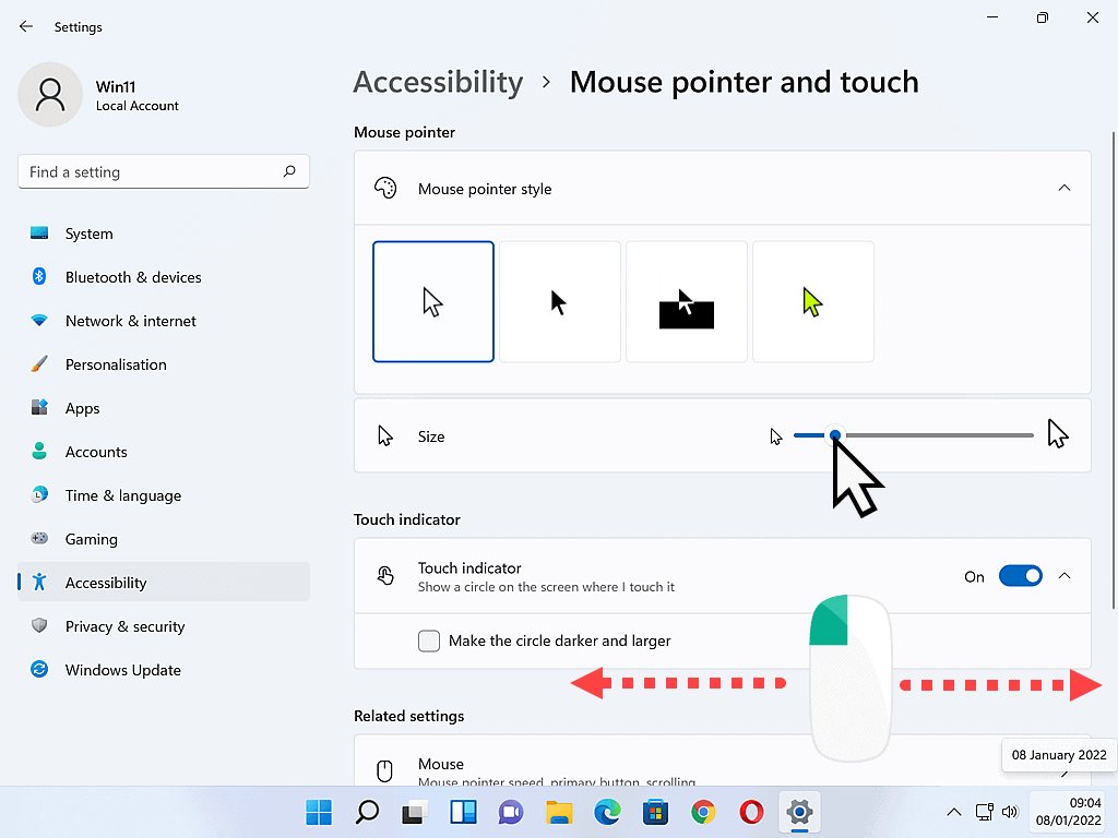 Arrows indicate dragging slider left or right in Windows 11.