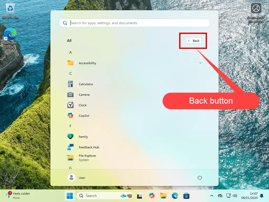 Back button indicated in Windows 11.