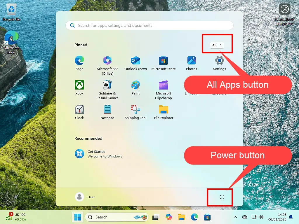 All Apps and Power buttons marked in Windows 11.