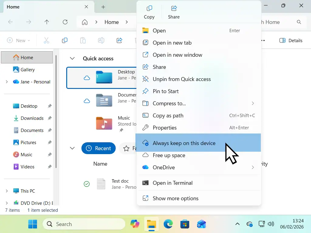 Always keep on this device Changing OneDrive status to "Always keep on this device".