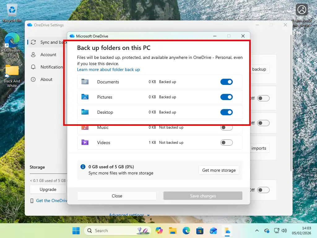 Back up folders on this PC Documents, Pictures and Desktop folders selected for syncing in OneDrive.