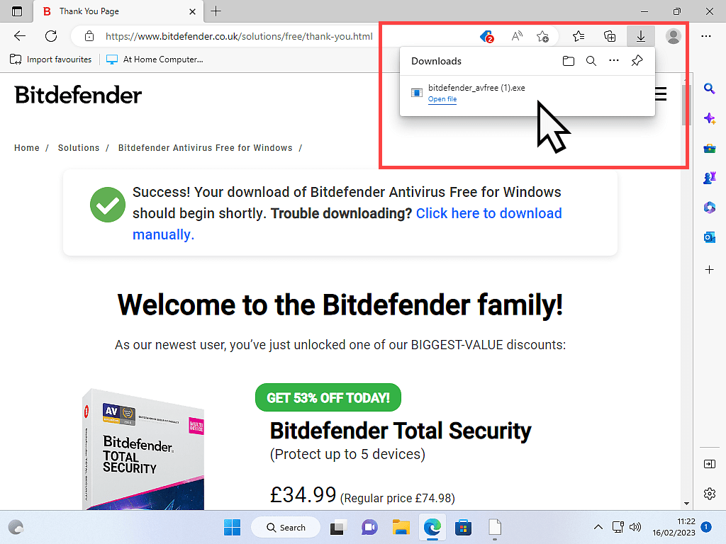 Bitdefender setup exe is indicated in Microsoft Edge.