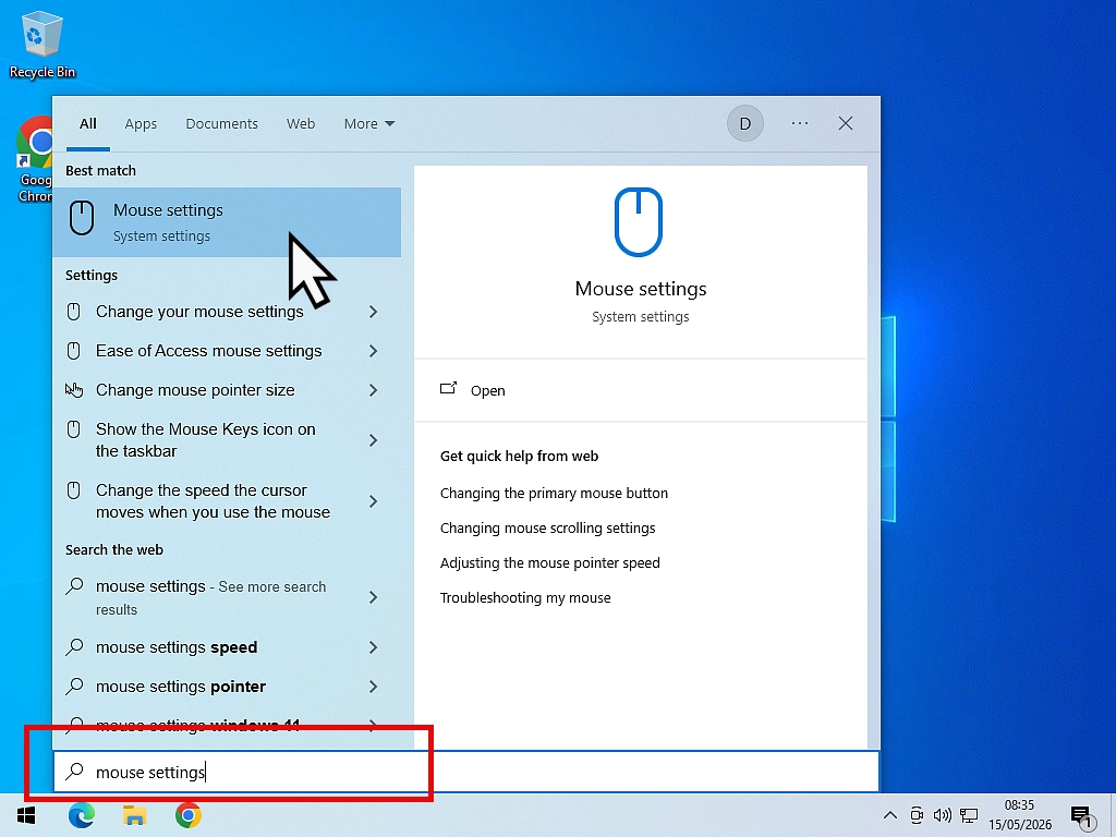Change double click speed-Windows 10 Opening Mouse Settings in Windows 10 to change the double click speed.
