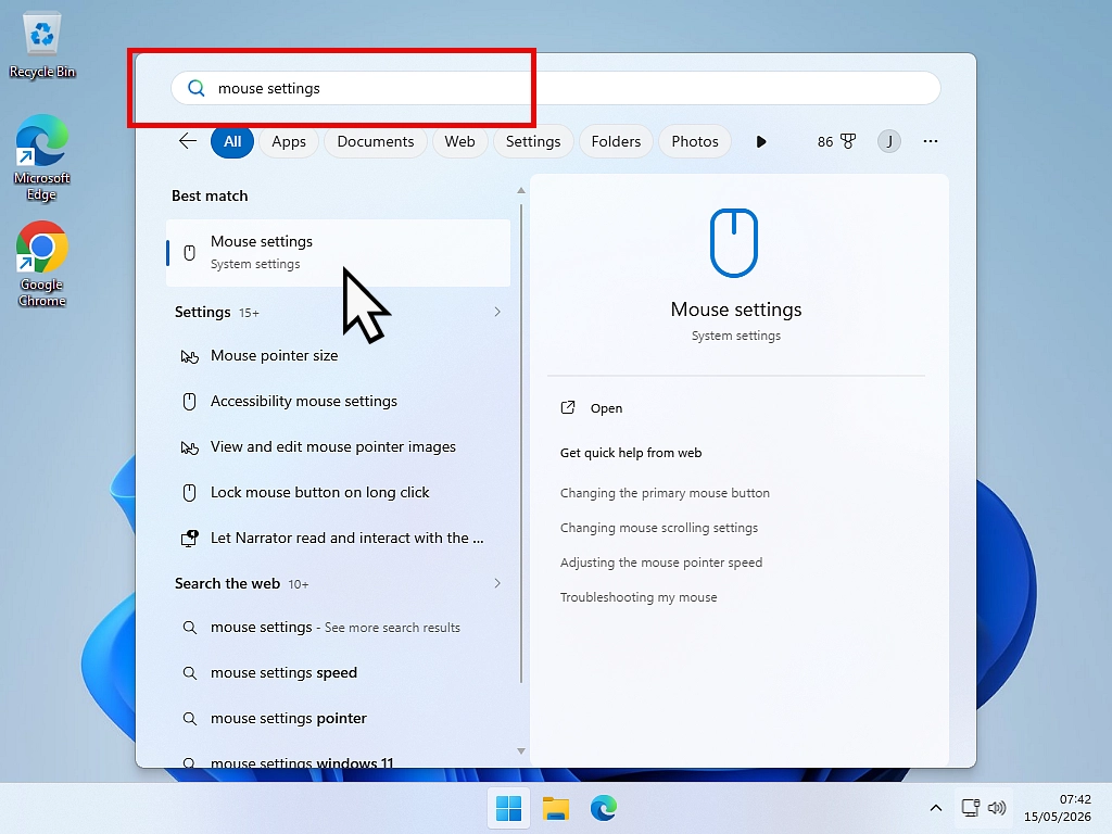 Change double click speed-Windows 11 Opening Mouse Settings in Windows 11 to adjust the double click speed.