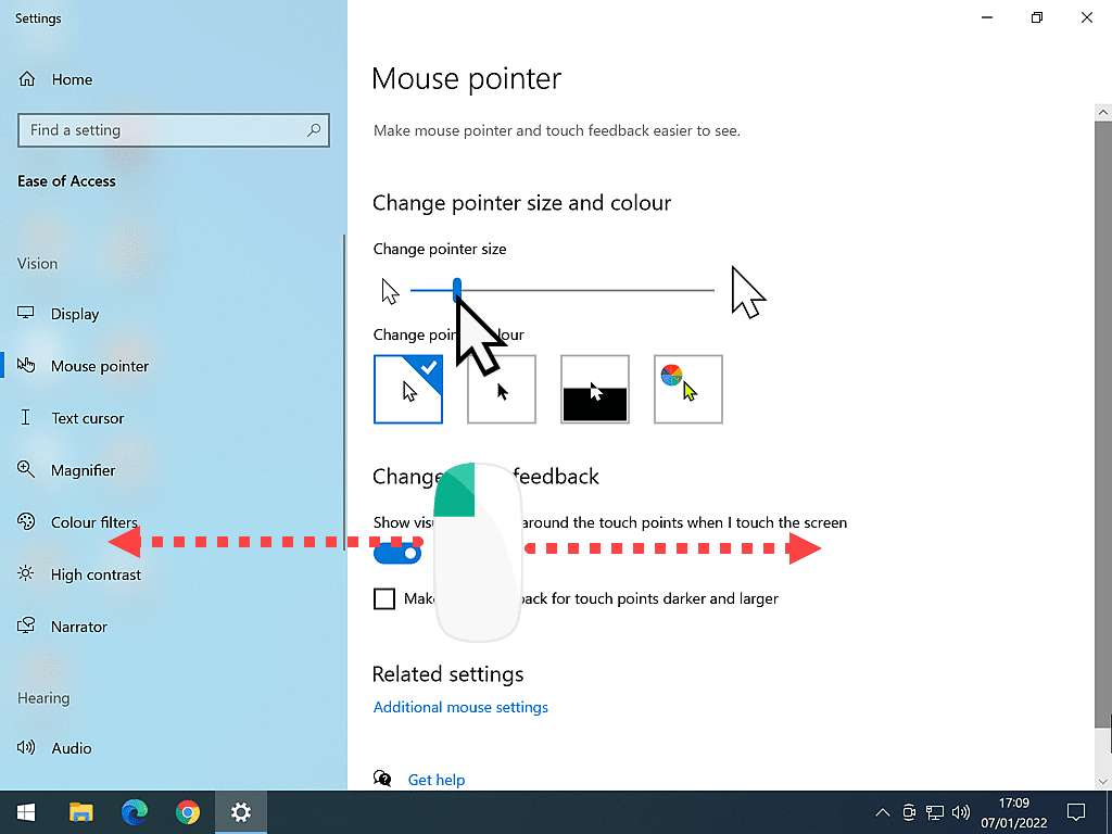 Arrows indicating direction to drag pointer size slider in Windows 10.