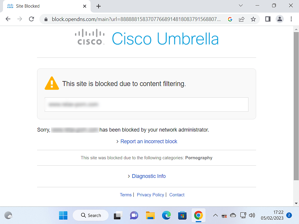 Cisco Ubrella page informs user that the website is blocked.