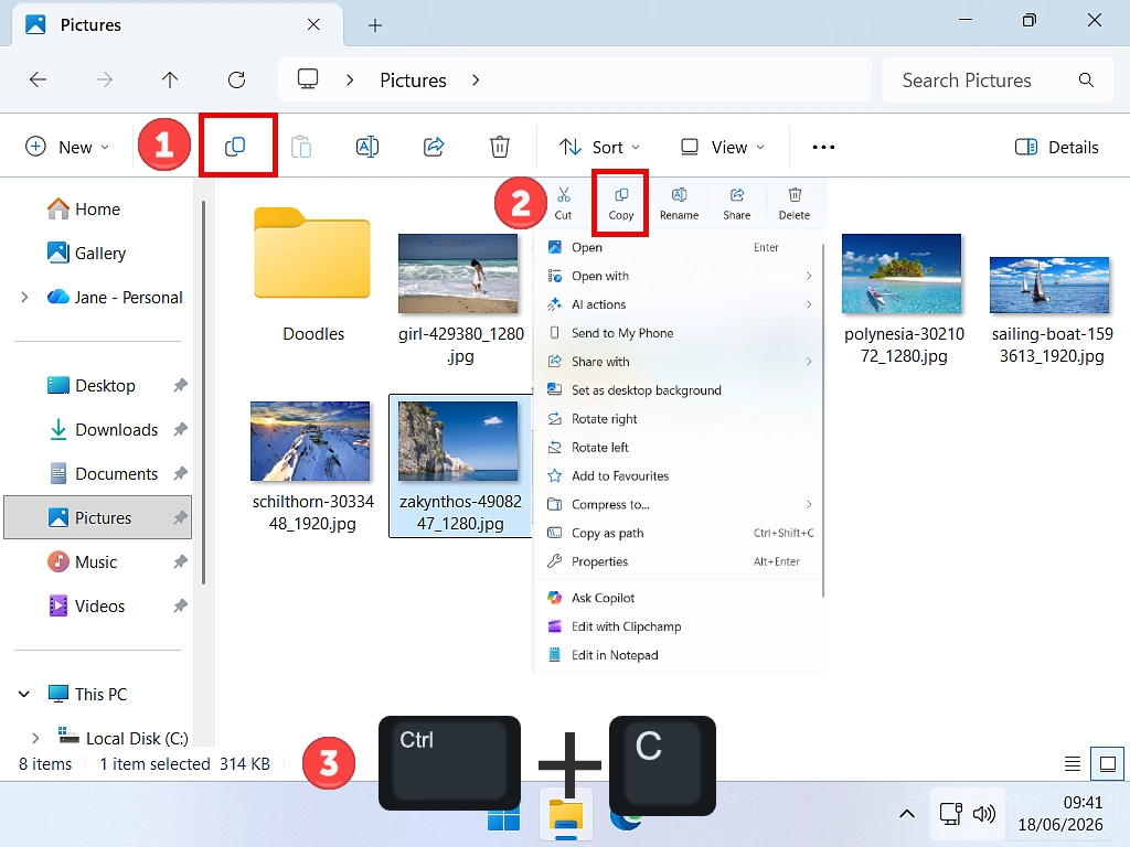 Copy file in Windows 11 Copy icon in Windows and keyboard shortcut Ctrl + C.